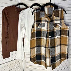 Women’s SHIEN Layering Set - Plaid Vest, 2 Long Sleeved Tops, Size L